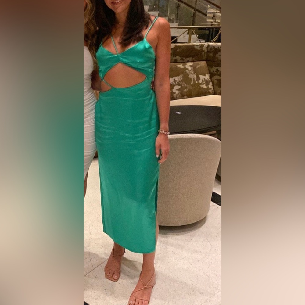 Green silk midi cut out dress - size Medium